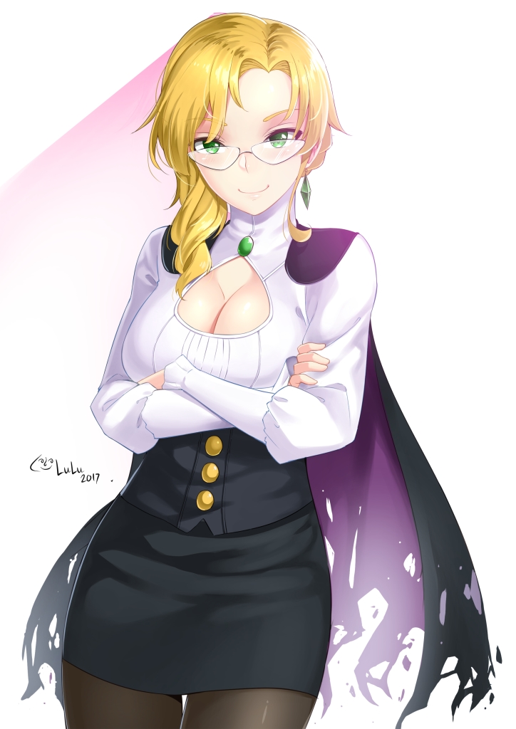 1girl 2017 artist_name bangs black_cape black_legwear black_skirt blonde_hair breasts brooch cape cleavage cleavage_cutout closed_mouth cowboy_shot crossed_arms crystal_earrings dissolving_clothes earrings glasses glynda_goodwitch green_eyes high-waist_skirt high_collar jewelry large_breasts long_sleeves looking_at_viewer lulu-chan92 miniskirt pantyhose rwby skirt smile solo torn_cape