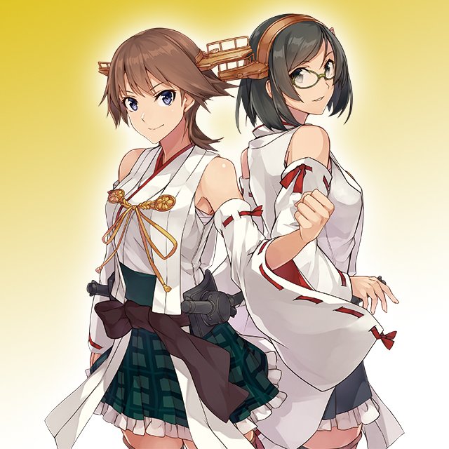 2girls arms_at_sides bare_shoulders black_hair black_skirt blue_eyes clenched_hand detached_sleeves flipped_hair green-framed_eyewear green_skirt hair_ornament hairband hiei_(kantai_collection) japanese_clothes kantai_collection kirishima_(kantai_collection) konishi_(koconatu) light_brown_hair looking_at_viewer miniskirt multiple_girls nontraditional_miko official_art parted_lips plaid plaid_skirt pleated_skirt short_hair skirt smile wide_sleeves yellow_background