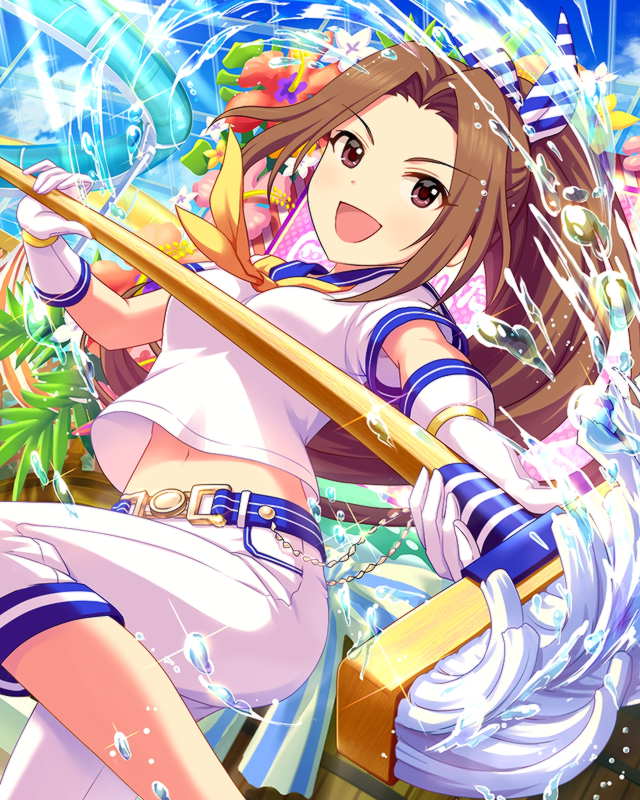 1girl aino_nagisa artist_request belt blue_sky bow breasts brown_eyes brown_hair card_(medium) chains gloves hair_bow idolmaster idolmaster_cinderella_girls long_hair long_ponytail looking_at_viewer mop navel official_art open_mouth ponytail sailor_collar sky smile solo striped tree water