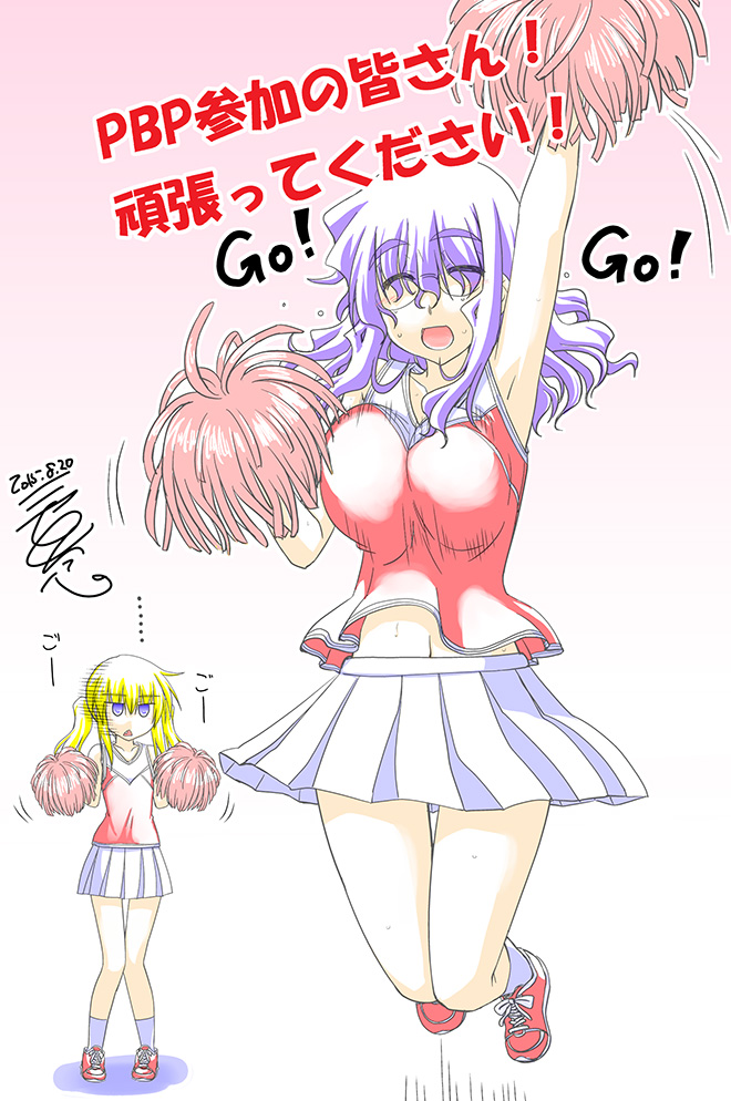 2015 2girls :&lt; :d arm_up armpits blonde_hair bouncing_breasts breast_envy breasts cheerleader commentary_request crop_top dated gradient gradient_background ichinose_yayoi jumping large_breasts long_riders! miyake_taishi multiple_girls open_mouth pleated_skirt purple_hair red_shoes saijou_hinako shoes skirt smile sneakers sweat translation_request two_side_up violet_eyes