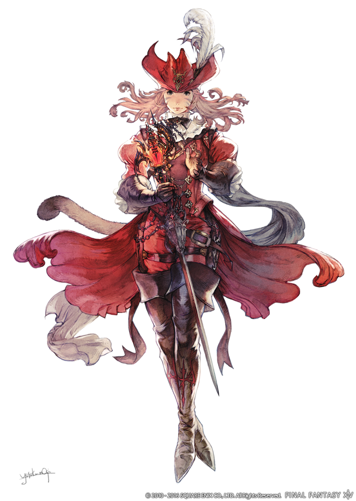 1girl blonde_hair boots cat_tail concept_art facial_mark final_fantasy final_fantasy_xiv gloves hat long_hair miqo'te official_art red_mage solo sword tail thigh-highs thigh_boots transparent_background weapon