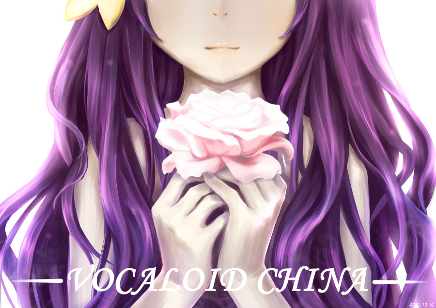1girl backlighting flower hair_ornament head_out_of_frame holding holding_flower long_hair mo_qingxian pale_skin pink_rose purple_hair rose scarlet_moon solo upper_body vocaloid vocanese