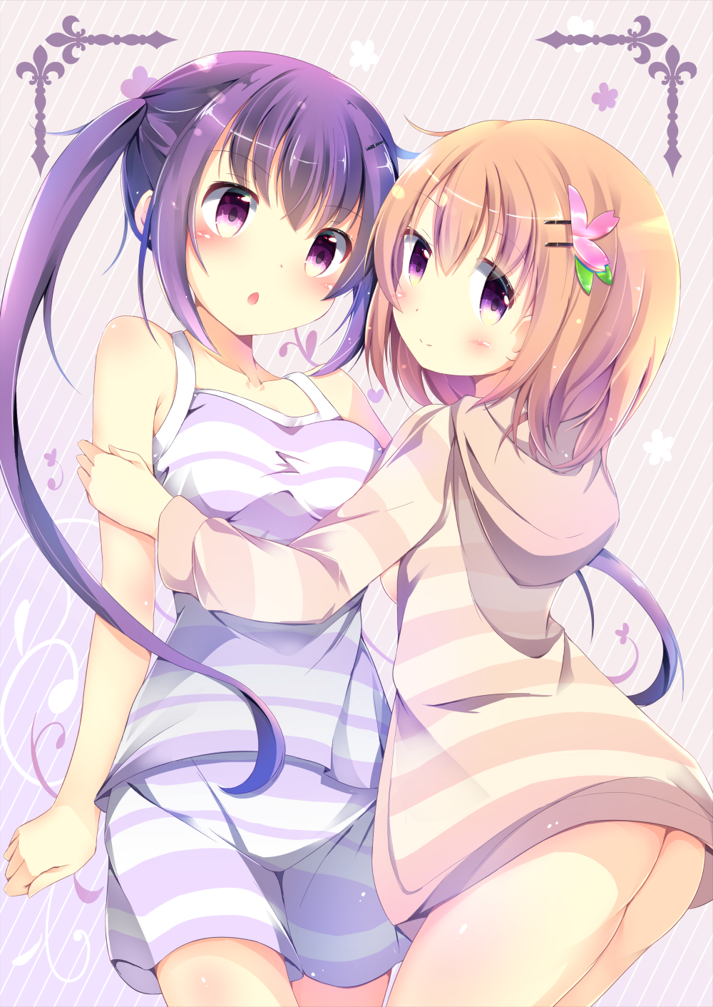 2girls :o bangs bare_shoulders blush breasts chestnut_mouth clenched_hand closed_mouth collarbone cowboy_shot diagonal_stripes eyebrows_visible_through_hair fleur_de_lis flower gochuumon_wa_usagi_desu_ka? hair_ornament hairclip hand_on_another's_arm highres hinata_yuu_(atelierhinata) hood hoodie horizontal_stripes hoto_cocoa long_hair long_sleeves looking_at_another looking_at_viewer medium_breasts multiple_girls no_pants open_mouth orange_hair pajamas purple_hair short_hair shorts sidelocks sleeveless smile striped striped_background striped_hoodie striped_shorts striped_tank_top tank_top tedeza_rize twintails two-tone_background violet_eyes