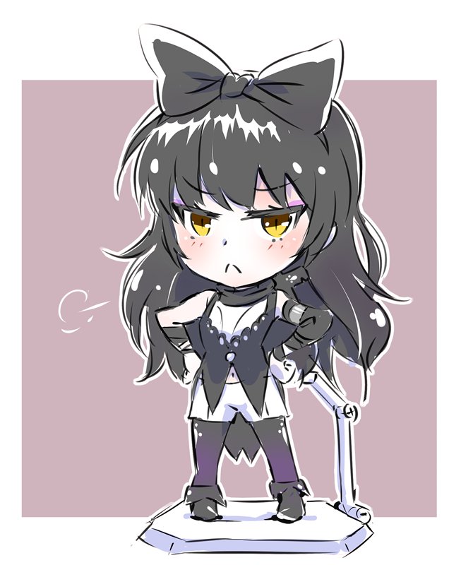 1girl black_hair blake_belladonna bow chibi commentary figma figma_stand frown hair_bow huffing iesupa rwby solo yellow_eyes