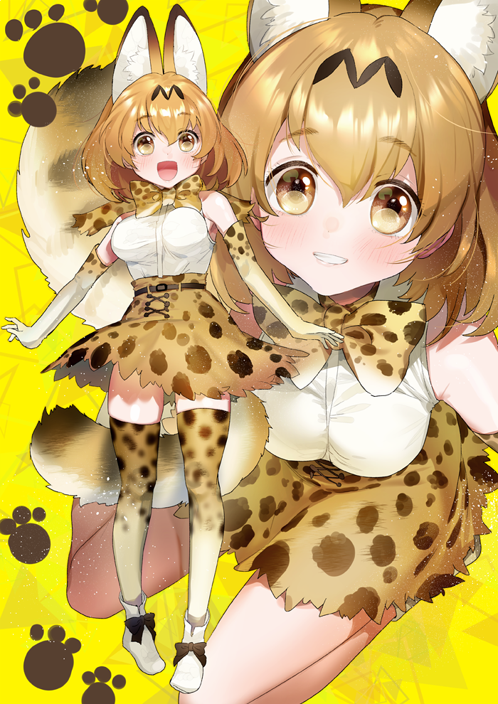 1girl :d animal_ears ankle_boots bangs bare_shoulders belt black_bow blush boots bow bowtie breasts brown_boots brown_hair cat_ears cat_tail cross-laced_clothes elbow_gloves eyebrows_visible_through_hair gloves grin hair_between_eyes kemono_friends legs_apart light_brown_hair looking_at_viewer multiple_views no_legwear open_mouth paw_print pigeon-toed serval_(kemono_friends) serval_ears serval_tail shiny shiny_hair short_hair sitting skirt sleeveless smile standing tail thigh-highs triangle unaligned_breasts wariza yan'yo_(yan'yan'yo) yellow_background yellow_eyes zettai_ryouiki