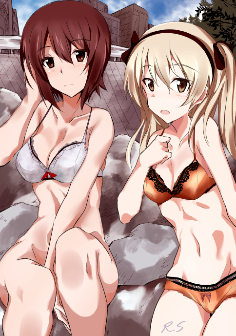 2girls adjusting_hair bangs black_ribbon bottomless bow bow_bra bow_panties bra breasts brown_eyes brown_hair closed_mouth day girls_und_panzer hair_ribbon light_brown_hair long_hair looking_at_viewer medium_breasts multiple_girls nishizumi_maho open_mouth orange_bra orange_panties outdoors panties ribbon rock shimada_arisu shino_(ten-m) short_hair sitting small_breasts underwear underwear_only white_bra