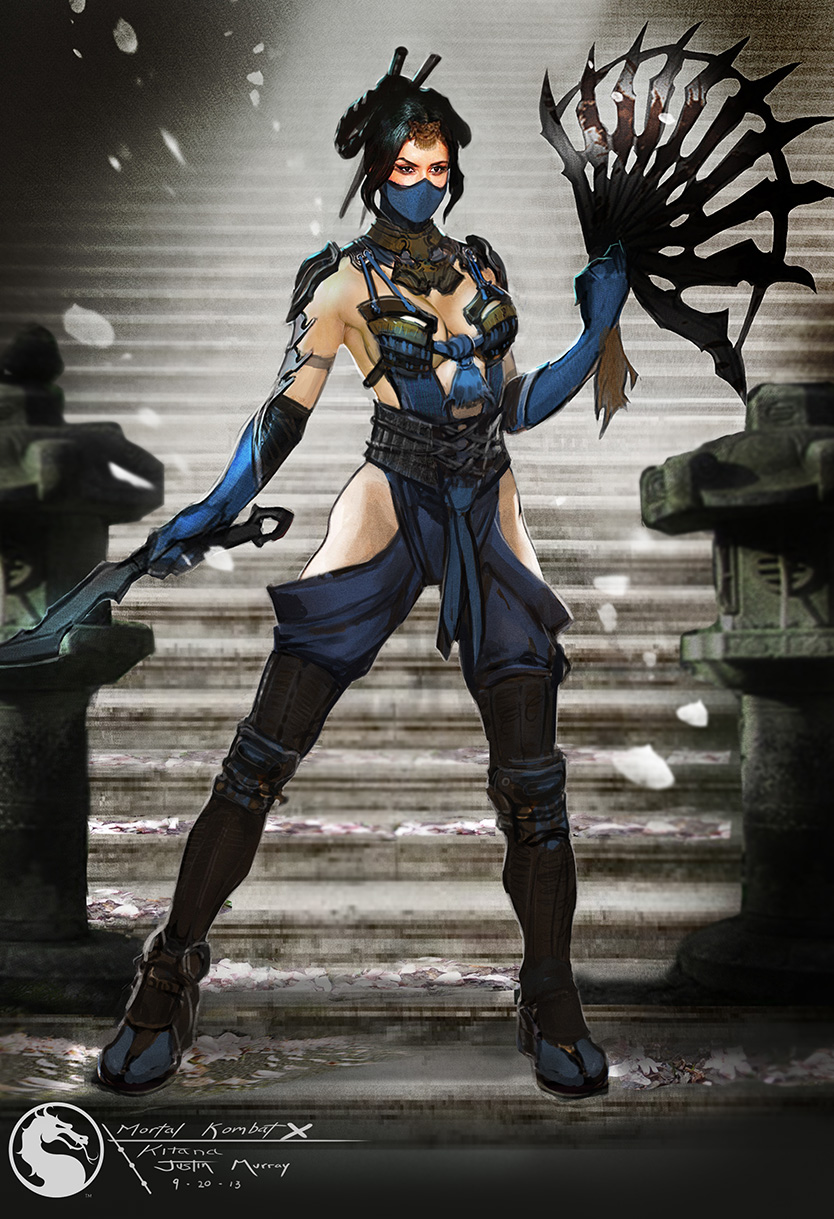 1girl armlet armor bangs between_fingers black_eyes black_hair blue_legwear breasts choker cleavage cleavage_cutout concept_art fan fighting_stance hair_ornament hair_rings hair_spread_out highres justin_murray kitana looking_at_another mask midway_(company) mortal_kombat mortal_kombat_4 mortal_kombat_armageddon mortal_kombat_deadly_alliance mortal_kombat_deception mortal_kombat_ii mortal_kombat_trilogy mortal_kombat_x ninja parted_bangs sandals shoulder_pads sideboob solo stairs standing temple thigh-highs thighs toned ultimate_mortal_kombat_3