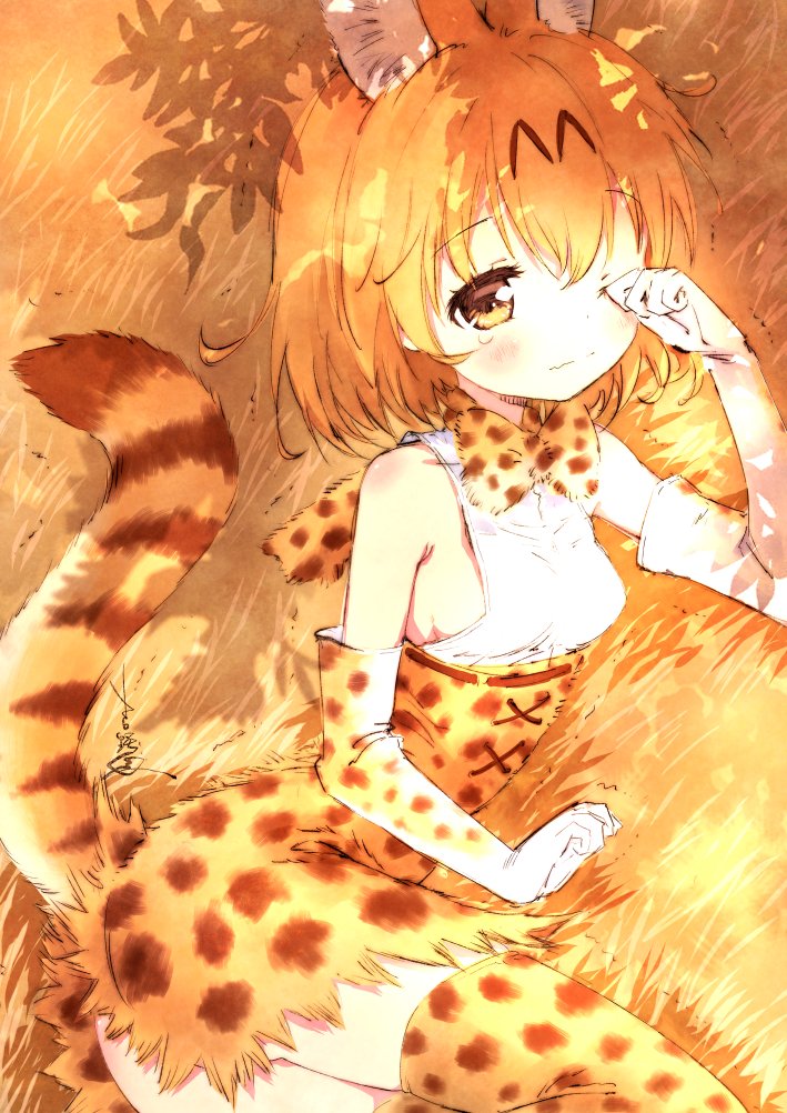 1girl adapted_costume animal_ears bare_shoulders blush bow bowtie breasts cat_ears cat_tail clenched_hands cross-laced_clothes elbow_gloves eyebrows_visible_through_hair eyelashes food from_side fruit gloves kemono_friends leaf light_brown_eyes looking_at_viewer medium_breasts one_eye_closed orange orange_hair outdoors rubbing_eyes serval_(kemono_friends) serval_ears serval_tail shadow shirt sideboob signature sleepy slim_waist solo tail tears thigh-highs tree_shade trembling waking_up wavy_mouth white_shirt yoshinokai