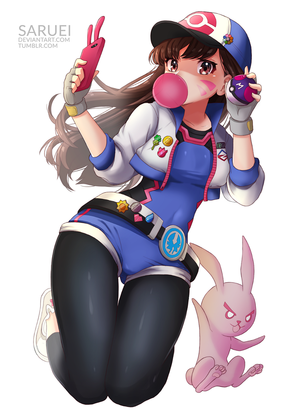 &gt;:3 1girl :3 acronym animal animal_ears artist_name badge bangs baseball_cap belt black_legwear blush boulder_badge breasts brown_eyes brown_hair bubble_blowing cascade_badge cellphone chewing_gum collarbone cropped_jacket crossover d.va_(overwatch) deviantart_username earth_badge emblem facepaint facial_mark female_protagonist_(pokemon_go) female_protagonist_(pokemon_go)_(cosplay) fingerless_gloves fingernails full_body gloves grey_gloves hands_up hat highres holding holding_cellphone holding_phone holding_poke_ball jacket leggings legs_together legs_up legwear_under_shorts logo long_hair marsh_badge master_ball midair overwatch parody paws phone poke_ball pokemon pokemon_(game) pokemon_go pokemon_hgss pokemon_rgby rabbit rabbit_ears rainbow_badge saruei shirt short_shorts shorts simple_background small_breasts smartphone solo soul_badge thunder_badge tumblr_username volcano_badge watermark web_address whisker_markings white_background