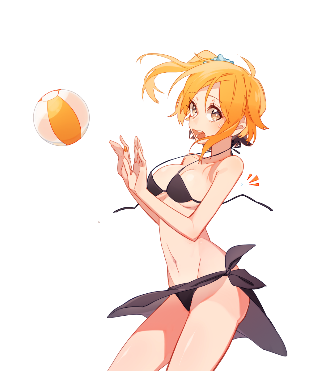 1girl ball beachball bikini black_bikini blonde_hair blue_sky breasts brown_eyes cleavage eyebrows_visible_through_hair hair_ornament hair_scrunchie highres hisu_(hiss_1107) kagerou_project kisaragi_momo long_hair looking_at_viewer medium_breasts nail_polish open_mouth sarong scrunchie side_ponytail simple_background sky solo swimsuit teeth wardrobe_malfunction white_background