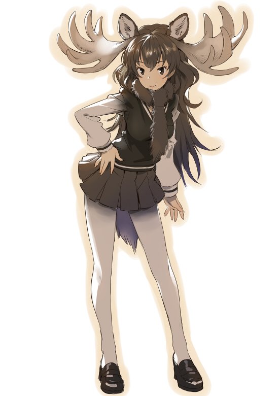 1girl antlers black_eyes black_skirt blush brown_hair full_body fur hair_between_eyes kemono_friends loafers long_hair long_sleeves looking_at_viewer matsuda_(matsukichi) moose_(kemono_friends) moose_ears moose_tail pantyhose pleated_skirt scarf shoes skirt smile solo sweater_vest white_legwear