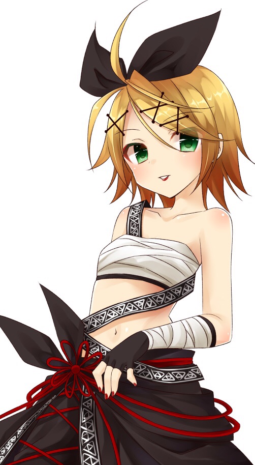 1girl ahoge alternate_costume alternate_eye_color amane_(amnk1213) bandage bare_shoulders black_bow blonde_hair bow breasts collarbone flat_chest green_eyes hair_bow hair_ornament hairclip half-closed_eyes iroha_uta_(vocaloid) japanese_clothes kagamine_rin lipstick makeup midriff nail_polish navel project_diva_(series) red_nails sarashi short_hair small_breasts smile vocaloid