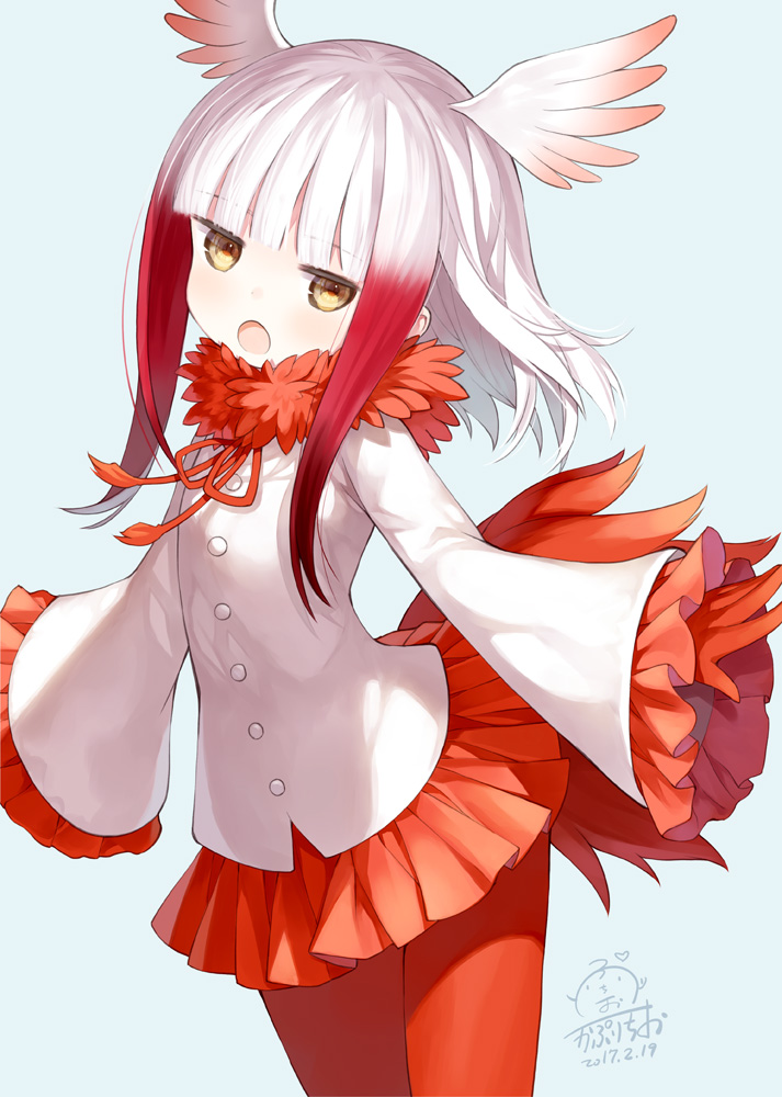 1girl :o bangs blue_background blunt_bangs buttons cowboy_shot crested_ibis_(kemono_friends) dated frilled_sleeves frills fur_trim gloves head_wings hibanar jitome kemono_friends long_hair long_sleeves looking_at_viewer miniskirt multicolored_hair outstretched_arms pantyhose pleated_skirt red_gloves red_legwear red_skirt redhead shirt sidelocks simple_background skirt solo tail two-tone_hair white_hair white_shirt yellow_eyes