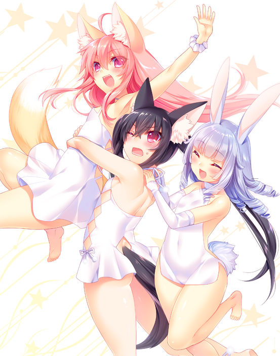 &gt;:d 3girls :d ^_^ animal_ears argyle_cutout bangs barefoot black_hair blue_hair blunt_bangs blush breasts bunny_girl bunny_tail closed_eyes crossed_bangs detached_sleeves dress drill_hair elin_(tera) eyebrows_visible_through_hair fox_ears fox_girl fox_tail hair_between_eyes hlz hug long_hair looking_at_another looking_at_viewer multiple_girls open_mouth pink_eyes pink_hair rabbit_ears scrunchie short_dress sidelocks small_breasts smile star starry_background sweatdrop tail tera_online thighs twintails very_long_hair violet_eyes white_dress wrist_scrunchie