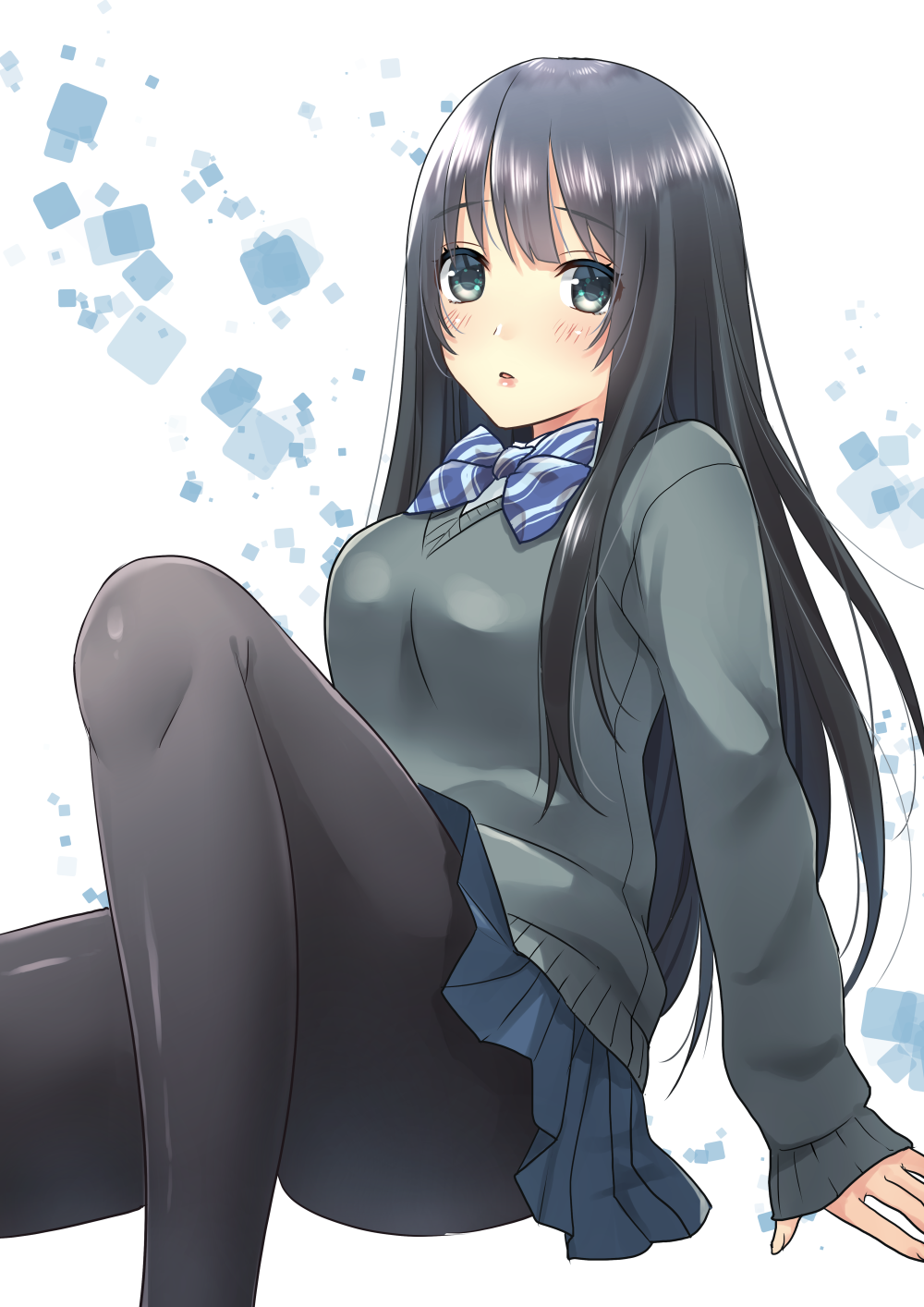1girl arm_support bangs black_hair black_legwear blue_bow blue_bowtie blue_skirt blush bow bowtie breasts daidai_jamu eyebrows_visible_through_hair grey_eyes grey_sweater highres knee_up long_hair medium_breasts original pantyhose parted_lips pleated_skirt school_uniform sitting skirt sleeves_past_wrists solo striped striped_bow striped_bowtie thighs