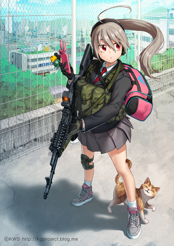 1girl adidas ahoge ak-74 bag blazer building cat cellphone cellphone_charm chain-link_fence church city fence gloves gym_bag headset jacket knee_pads kws light_brown_hair long_hair looking_to_the_side military necktie original phone pleated_skirt ponytail red_eyes rooftop school_uniform shadow shoes skirt sky sling sneakers solo tree watermark wind