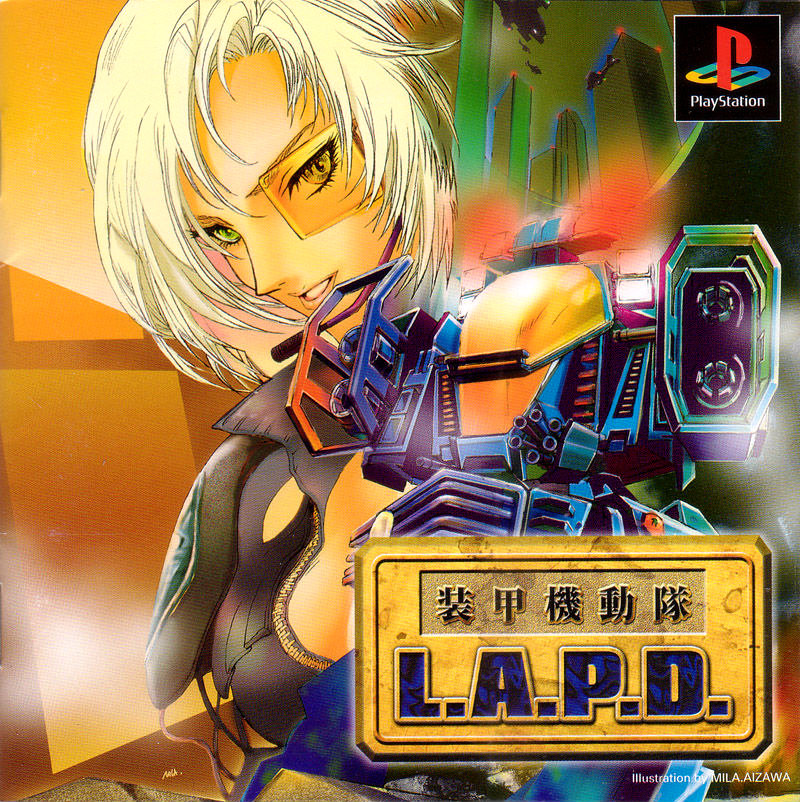 1girl 90s aircraft aizawa_mila armor blonde_hair breasts building character_request cityscape cleavage cover cyberpunk flying future_cop:_lapd game_console game_cover gatling_gun glowing green_eyes grin gun headgear helicopter japanese lights logo looking_at_viewer mecha monocle official_art oldschool pilot pilot_suit playstation police police_uniform policewoman rocket_launcher scan signature smile traditional_media translation_request uniform vest video_game walker weapon x1-alpha