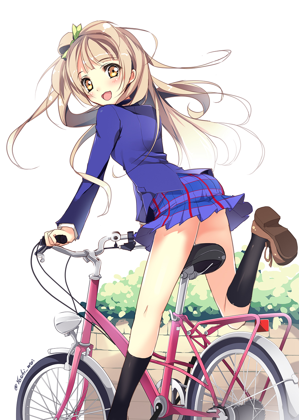 1girl :d ass bicycle black_legwear blue_skirt blue_sweater blush bow floating_hair green_bow ground_vehicle hair_bow highres kneehighs light_brown_hair looking_at_viewer looking_back love_live! love_live!_school_idol_project minami_kotori miniskirt one_leg_raised open_mouth pleated_skirt riding school_uniform signature simple_background skirt smile solo sweater white_background yellow_eyes yoshiwo