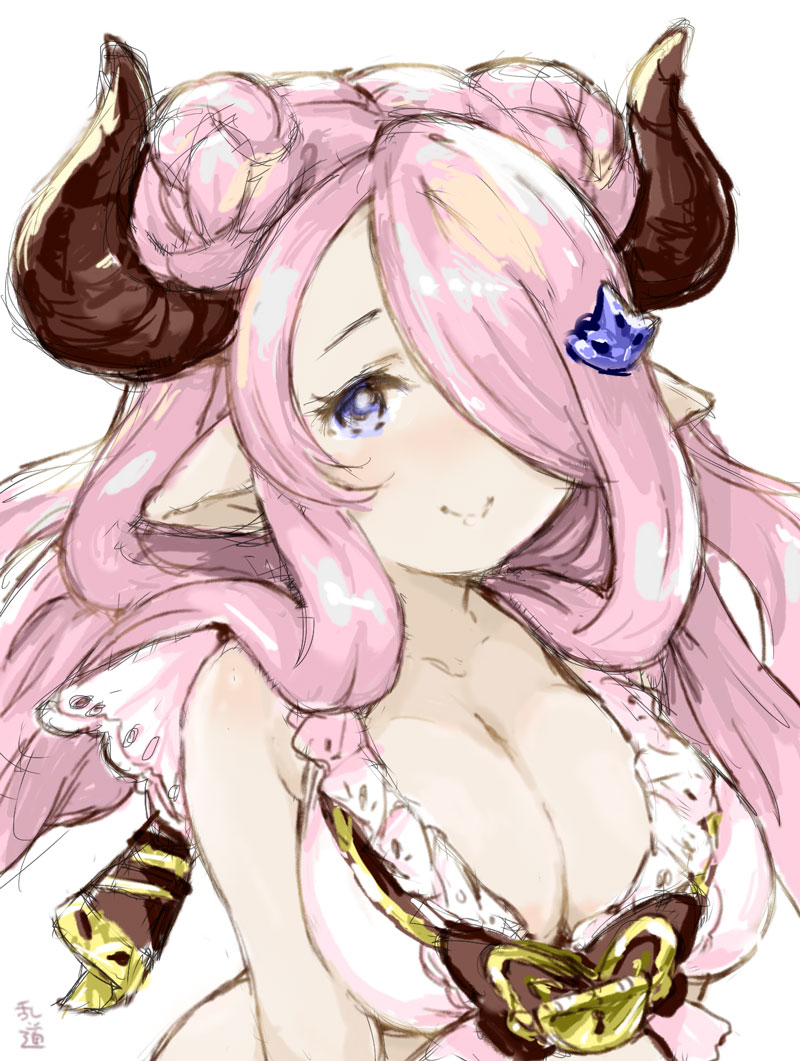 1girl bikini blue_eyes blush breasts cleavage doraf granblue_fantasy hair_ornament hair_over_one_eye horns large_breasts lock long_hair looking_at_viewer narumeia_(granblue_fantasy) pink_hair pointy_ears randou simple_background sketch smile solo swimsuit upper_body white_background