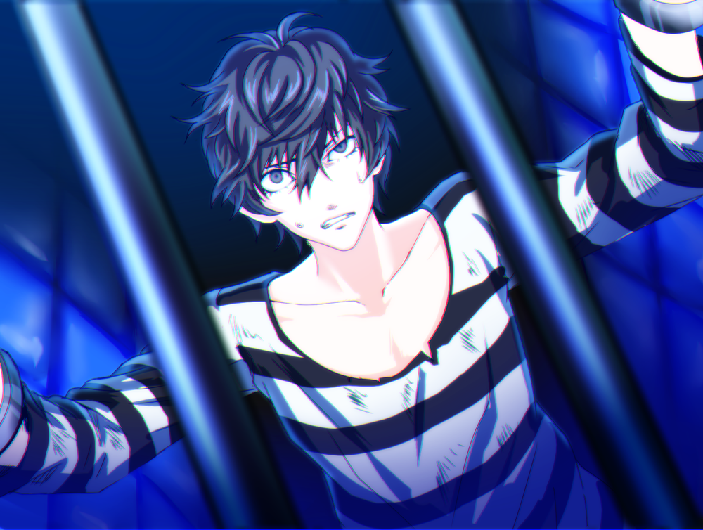 1boy angry black_hair grey_eyes kurusu_akira male_focus persona persona_5 prison_cell prison_clothes short_hair solo