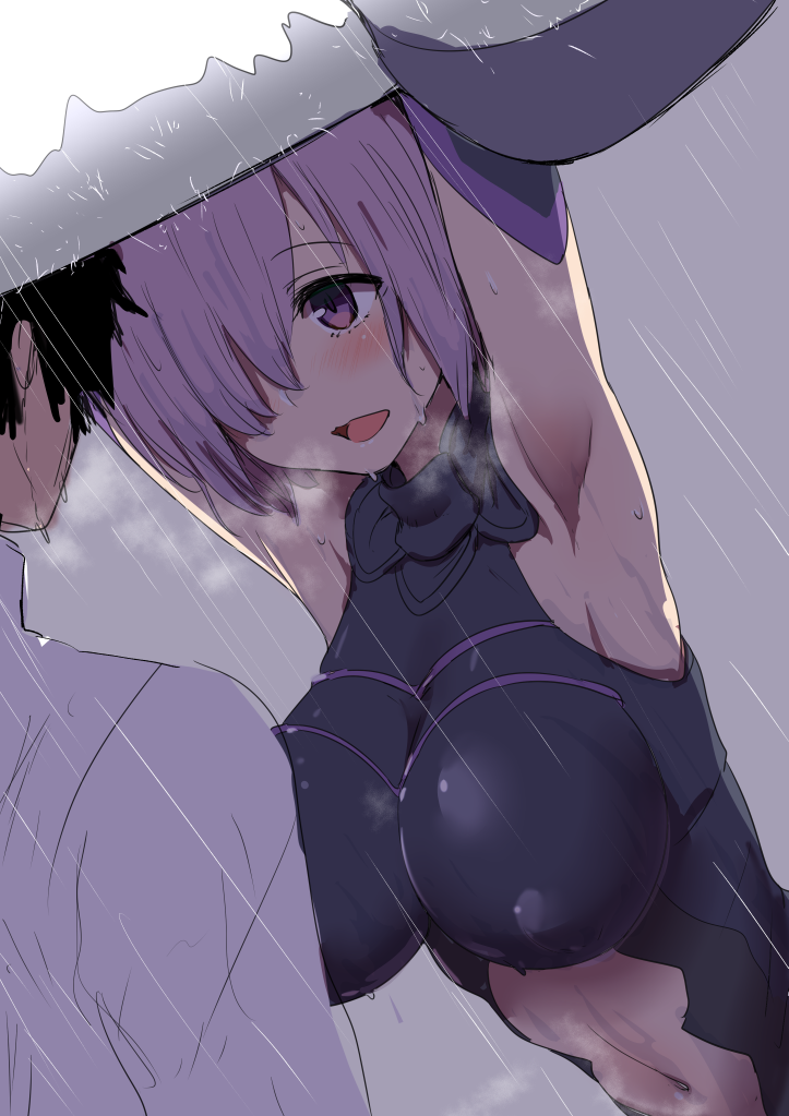 1boy 1girl armpits arms_up black_hair black_leotard blush breasts breath clearite dutch_angle eyebrows_visible_through_hair facing_another fate/grand_order fate_(series) hair_over_one_eye halterneck large_breasts leotard looking_at_another midriff navel navel_cutout open_mouth over_shoulder purple_hair rain shielder_(fate/grand_order) short_hair smile upper_body violet_eyes