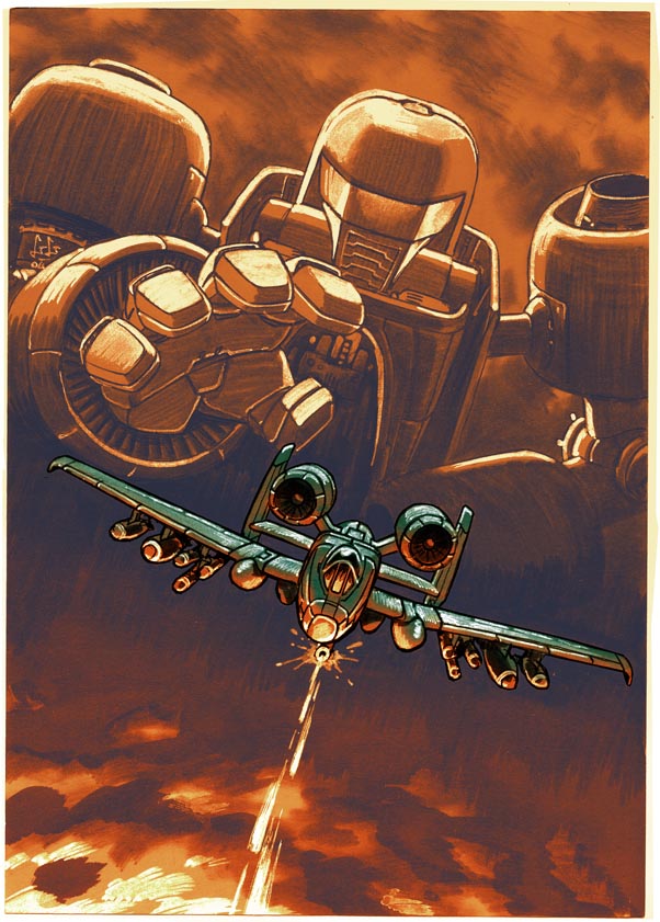 2004 a-10_thunderbolt_ii a-loft-on-cybertron aiming_at_viewer aircraft airplane bad_boy_(gobots) bomb clouds dated dual_persona dusk fighter_jet firing flying gatling_gun gobots gun jet looking_at_viewer machine_robo mecha military military_vehicle realistic robot scan science_fiction signature traditional_media weapon