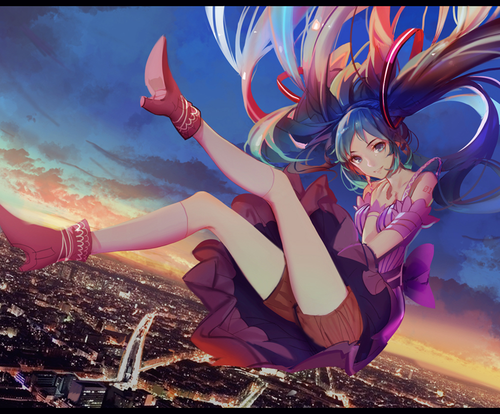 1girl blue_eyes blue_hair brown_shorts collarbone dress falling floating_hair hair_ornament hatsune_miku high_heels kneehighs long_hair looking_at_viewer mconch number outdoors pink_shoes shoes shorts shorts_under_dress sleeveless sleeveless_dress smile solo twintails very_long_hair vocaloid white_legwear