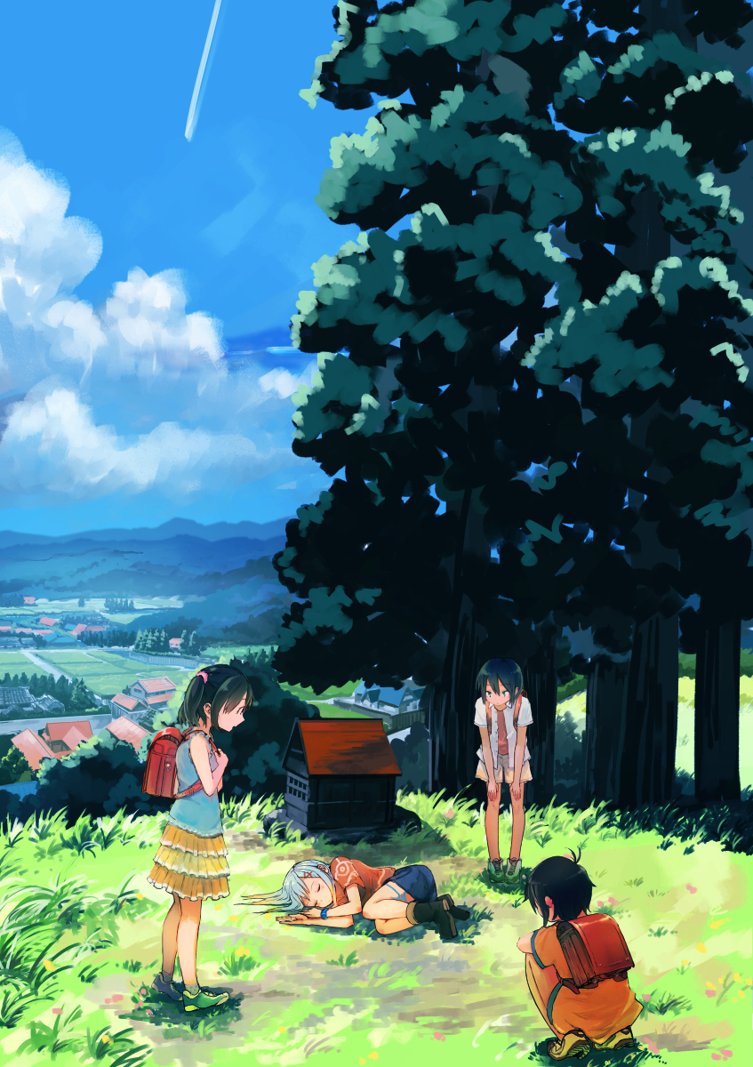 4girls backpack bag black_hair blurry clouds condensation_trail day depth_of_field fetal_position field frilled_skirt frills highres hill house inami_hatoko leaning_forward looking_at_another lying multiple_girls on_side original scenery short_hair short_twintails shorts shrine silver_hair skirt sky sleeping squatting tree twintails