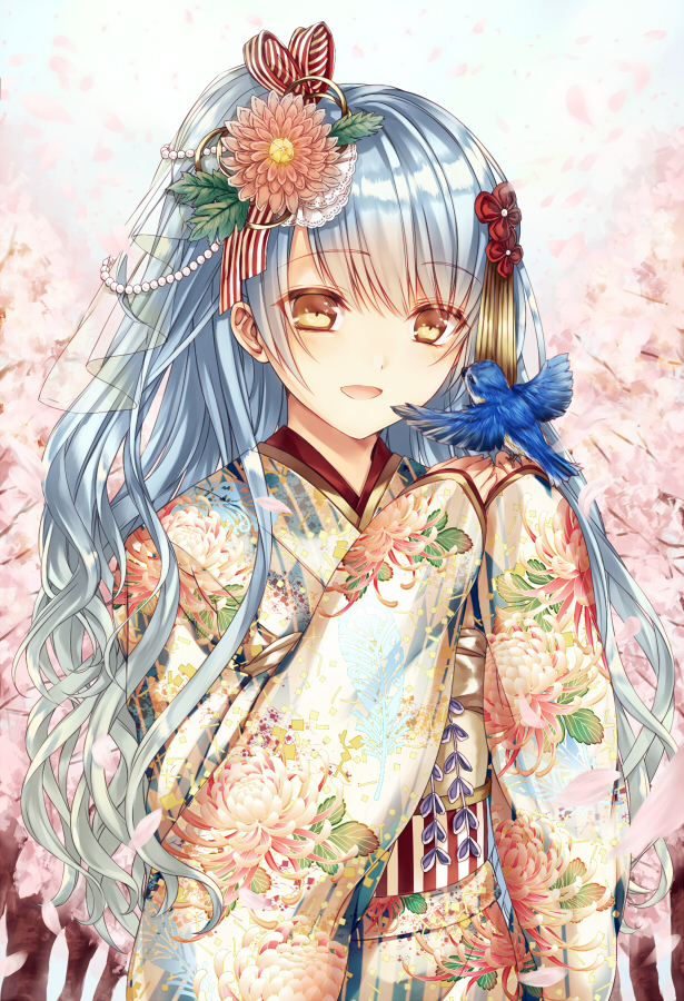 1girl bangs bird bird_on_hand blue_hair brown_eyes cherry_blossoms eyebrows_visible_through_hair floral_print flower furisode hair_flower hair_ornament hands_up japanese_clothes kanzashi kimono long_hair open_mouth original outdoors pink_flower saijou_yukina smile solo upper_body very_long_hair wavy_hair white_kimono