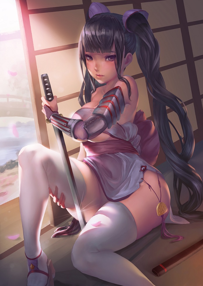 1girl bandeau bangs bare_shoulders black_hair blunt_bangs breasts bridal_gauntlets cleavage closed_mouth collarbone creep_(gundamdg) dress gauntlets hair_ornament hand_on_leg hand_up holding holding_sword holding_weapon japanese_clothes katana kimono knee_up large_breasts lips long_hair looking_at_viewer ninja nose original petals pink_lips purple_dress purple_kimono sandals sash scabbard sheath short_dress short_kimono short_sword sitting sliding_doors solo sword tassel tatami thigh-highs twintails unsheathed very_long_hair violet_eyes water weapon wooden_bridge