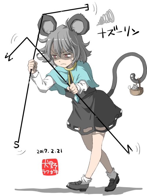 1girl 2017 ahoge animal_ears basket bobby_socks capelet character_name cutout dated dowsing_rod dress full_body grey_dress grey_hair grey_shoes inuno_rakugaki jewelry loafers long_sleeves mouse mouse_ears mouse_tail nazrin nose_bubble pendant red_eyes shaded_face shoes short_hair sleeping socks solo squiggle sweat tail touhou wavy_mouth white_background white_legwear