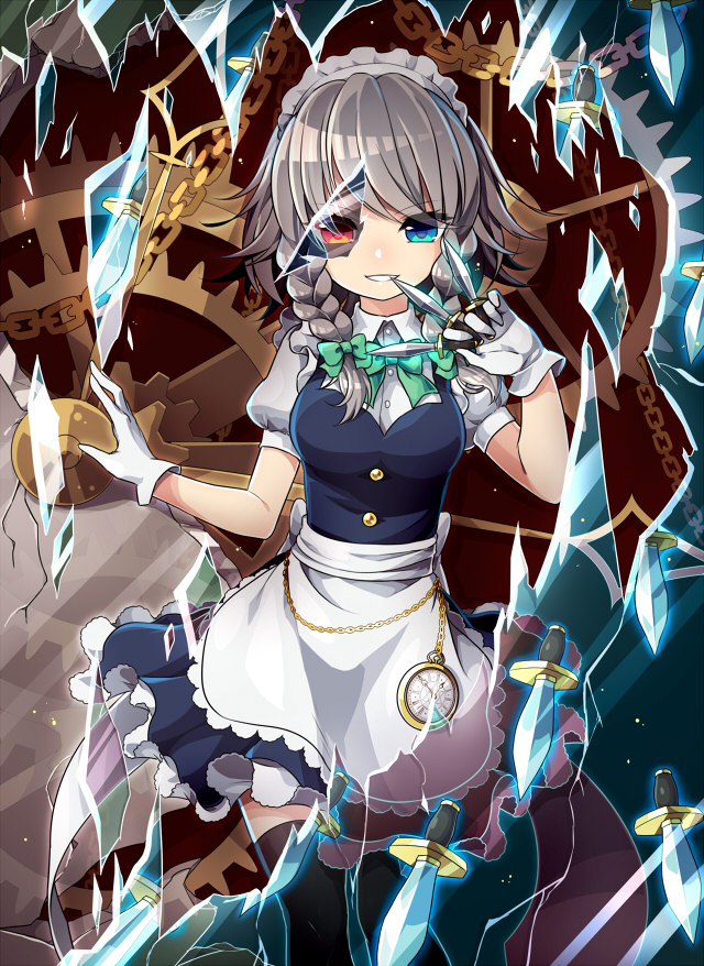 1girl apron between_fingers black_legwear blue_dress blue_eyes bow bowtie braid breasts buttons chains clock_hands collared_shirt cowboy_shot dagger dress frills gears glass_shards gloves glowing green_bow green_bowtie grin hair_bow heterochromia holding holding_weapon izayoi_sakuya kozakura_(dictionary) long_hair looking_at_viewer maid maid_apron maid_headdress medium_breasts pinafore_dress pocket_watch pointer red_eyes shirt smile solo standing teeth thigh-highs touhou twin_braids waist_apron watch weapon white_apron white_gloves white_shirt wing_collar zettai_ryouiki