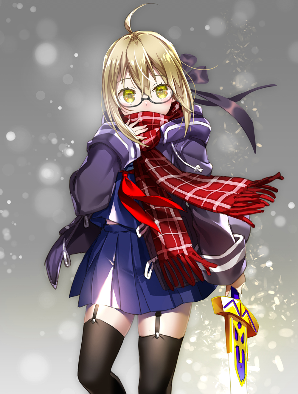 1girl ahoge black_legwear black_sweater blonde_hair blue_shirt blue_skirt cardigan excalibur fate/grand_order fate_(series) garter_straps glasses grey_background hair_between_eyes heroine_x heroine_x_(alter) highres holding holding_sword holding_weapon looking_at_viewer open_cardigan open_clothes pleated_skirt red_scarf saber scarf scarf_over_mouth school_uniform serafuku shirt short_hair_with_long_locks sidelocks skirt solo suishougensou sweater sword thigh-highs weapon yellow_eyes zettai_ryouiki