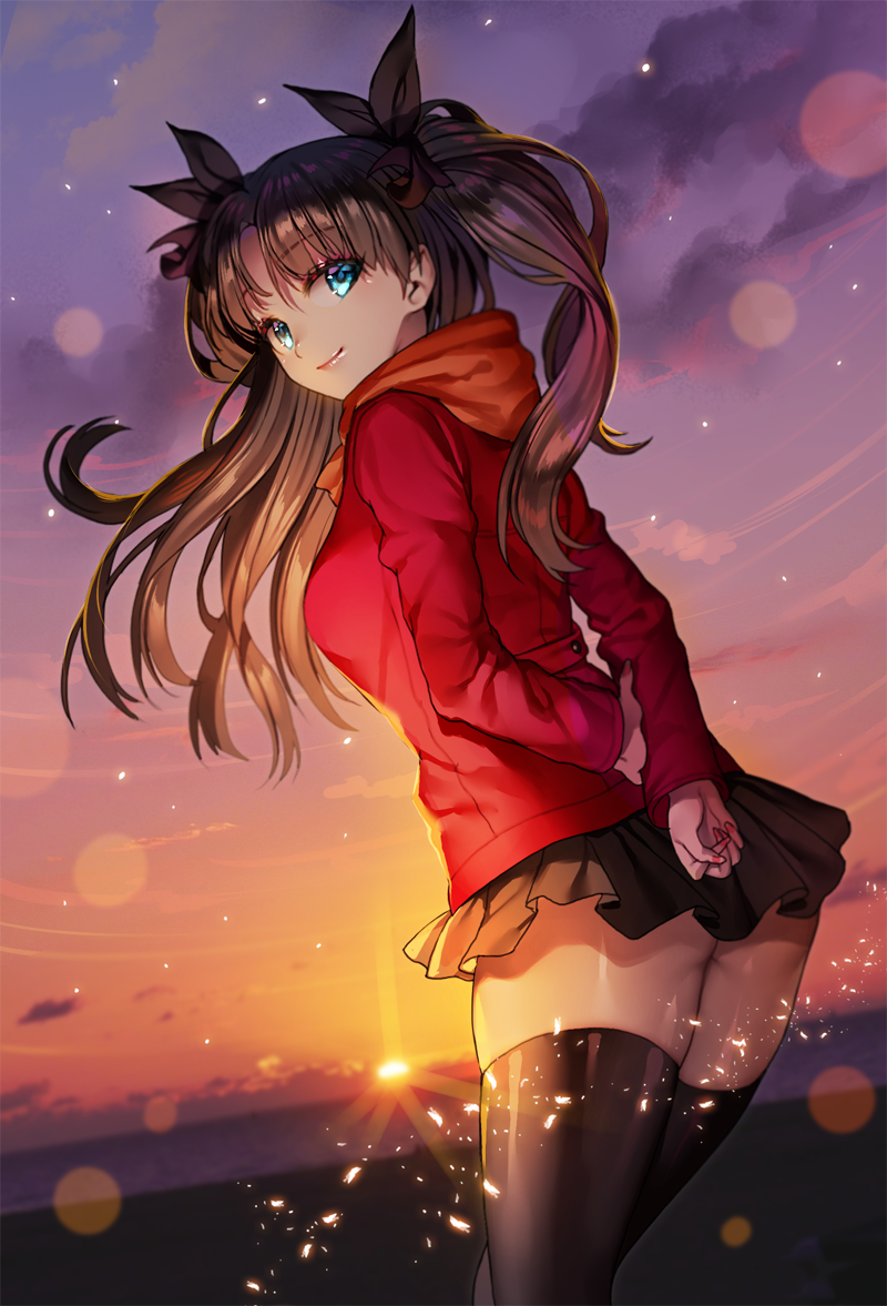 1girl arms_behind_back backlighting bangs black_legwear black_ribbon black_skirt blue_eyes breasts brown_hair closed_mouth clouds cowboy_shot elbow_gloves evening eyebrows_visible_through_hair fate/stay_night fate_(series) from_behind ganik_(pisshine) gloves gradient gradient_sky hair_ribbon light_particles long_hair looking_back medium_breasts miniskirt parted_bangs pleated_skirt red_lips red_sweater ribbon shiny shiny_skin skirt standing sun sunlight sunset thigh-highs tohsaka_rin two_side_up zettai_ryouiki