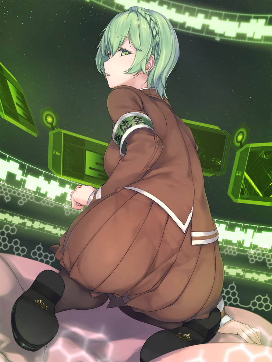 1girl aoki_hagane_no_arpeggio arm_support armband ass black_legwear black_shoes braid brown_shirt brown_skirt commentary_request crown_braid eyebrows_visible_through_hair from_behind full_body green_eyes green_hair kneeling long_sleeves looking_at_viewer looking_back nachi_(aoki_hagane_no_arpeggio) parted_lips pleated_skirt rokuwata_tomoe school_uniform shirt shoes short_hair skirt solo