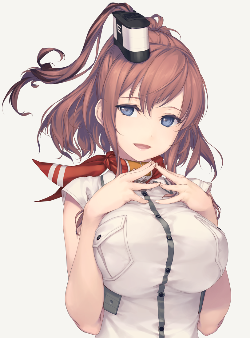 1girl anchor blue_eyes breast_pocket breast_suppress breasts brown_hair dress hair_ornament hands_together kantai_collection large_breasts long_hair open_mouth pocket red_neckerchief rokuwata_tomoe saratoga_(kantai_collection) shirt side_ponytail sidelocks simple_background smile smokestack solo taut_clothes taut_shirt white_background white_dress