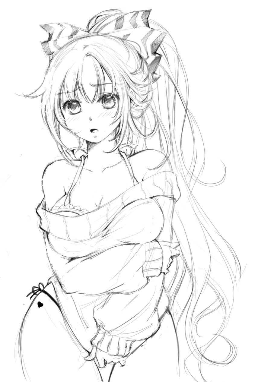 1girl bare_shoulders bow bra breasts cleavage clothes_tug collarbone fujiwara_no_mokou hair_bow highres lace lace-trimmed_bra large_breasts long_hair long_sleeves no_pants off-shoulder_sweater panties ponytail shangguan_feiying side-tie_panties sketch sweater sweater_tug touhou underwear very_long_hair