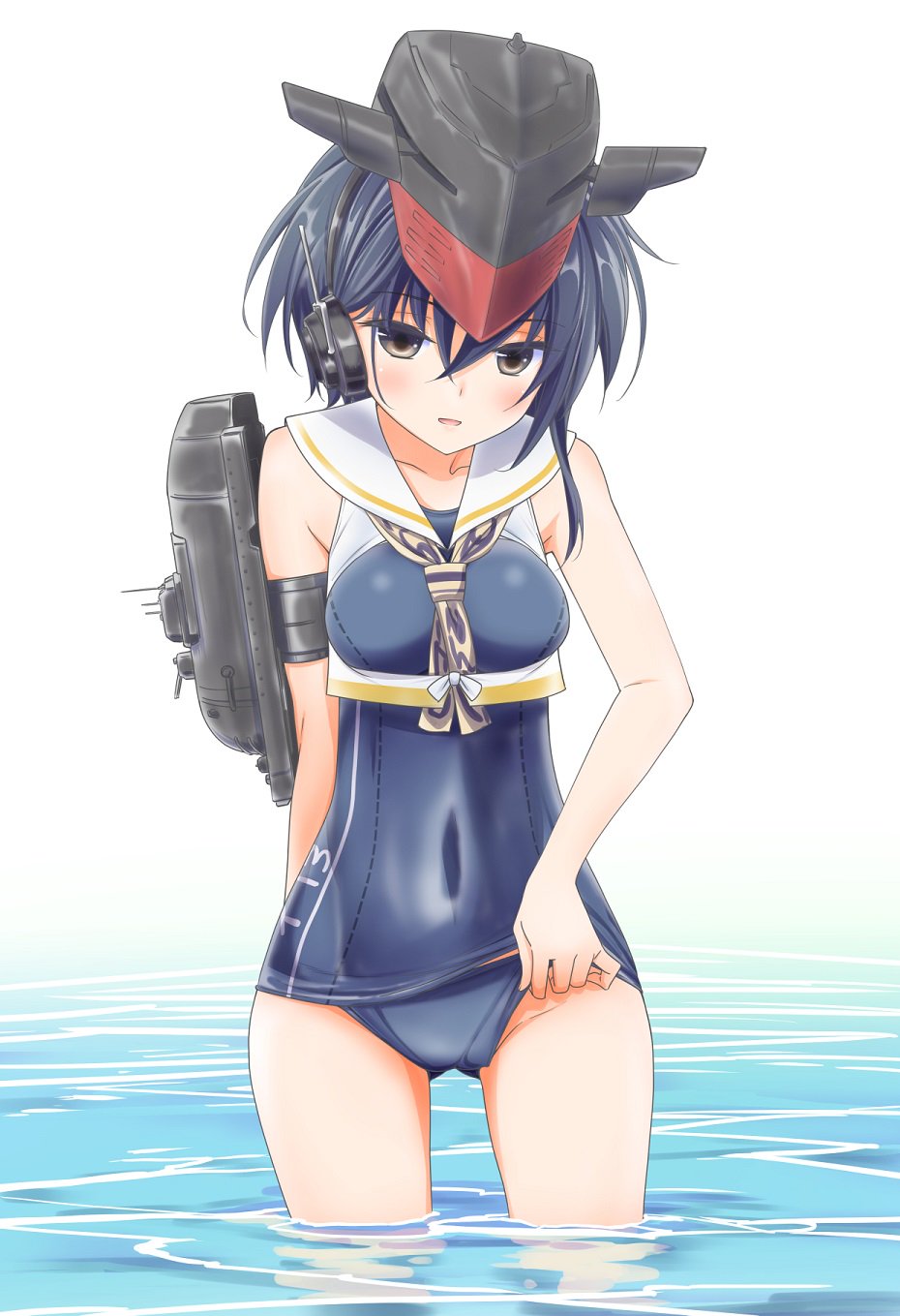 1girl asymmetrical_hair black_hair breasts brown_eyes gloves hair_between_eyes hat headphones highres i-13_(kantai_collection) kantai_collection looking_at_viewer open_mouth partly_fingerless_gloves sailor_collar school_swimsuit shirt short_hair solo souzoutekisekai swimsuit swimsuit_aside tsurime water