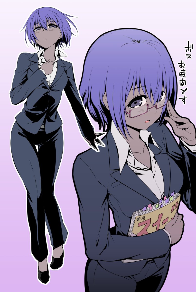 1girl assassin_(fate/prototype_fragments) blush dark_skin fate/grand_order fate/prototype fate/prototype:_fragments_of_blue_and_silver fate_(series) formal glasses highres looking_at_viewer misao_(kami_no_misoshiru) navel open_mouth purple_hair short_hair smile solo suit translation_request violet_eyes