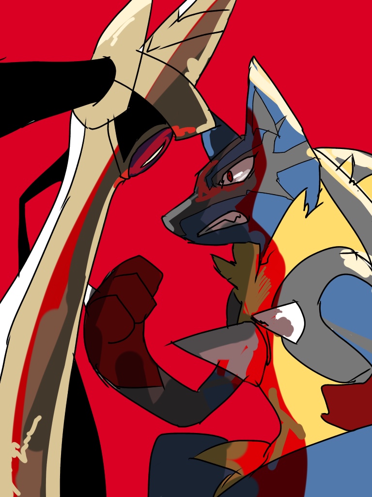 aegislash animal_ears clenched_hand clenched_teeth cowboy_shot eye_contact face-to-face hand_up jkwaipa0926 looking_at_another lucario mega_lucario mega_pokemon no_humans pokemon pokemon_(creature) pokemon_(game) pokemon_xy red_background red_eyes simple_background sketch slit_pupils snout spikes sword sword_hilt teeth weapon