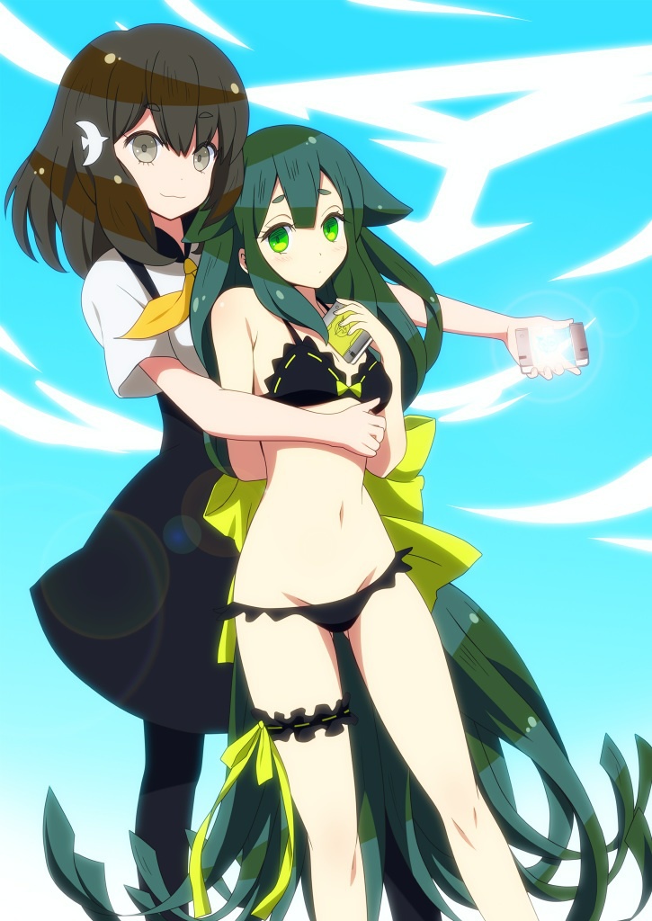 2girls absurdly_long_hair bird_hair_ornament black_bra black_legwear black_panties black_skirt bow bra breasts brown_eyes brown_hair cleavage frilled_bra frilled_panties frills gatchaman_crowds green_eyes green_hair groin hair_ornament holding holding_phone hug hug_from_behind ichinose_hajime long_hair long_skirt multiple_girls navel panties phone ribbon shirt skirt small_breasts smile standing suemizu_yuzuki thigh_strap underwear underwear_only utsutsu very_long_hair white_shirt yellow_bow yellow_ribbon