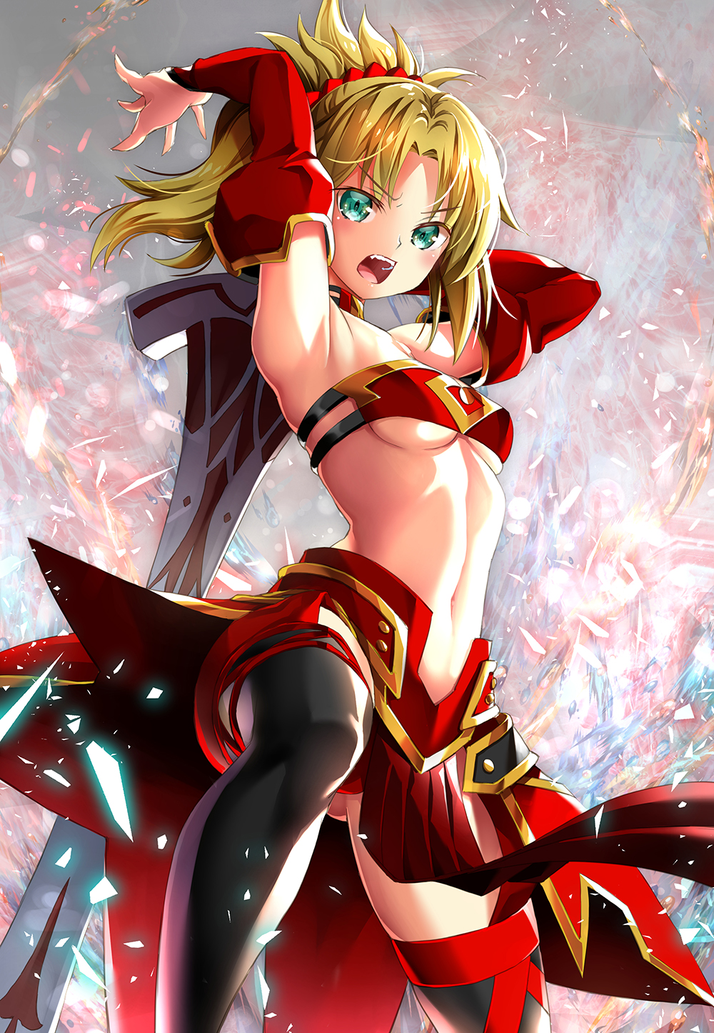 1girl armpits arms_up black_legwear blonde_hair bra breasts fate/apocrypha fate_(series) gluteal_fold green_eyes hair_ornament hair_scrunchie high_ponytail highres holding holding_sword holding_weapon long_hair looking_at_viewer medium_breasts midriff navel open_mouth red_bra red_scrunchie red_skirt saber_of_red scrunchie skirt solo standing stomach strapless strapless_bra suishougensou sword thigh-highs under_boob underwear weapon