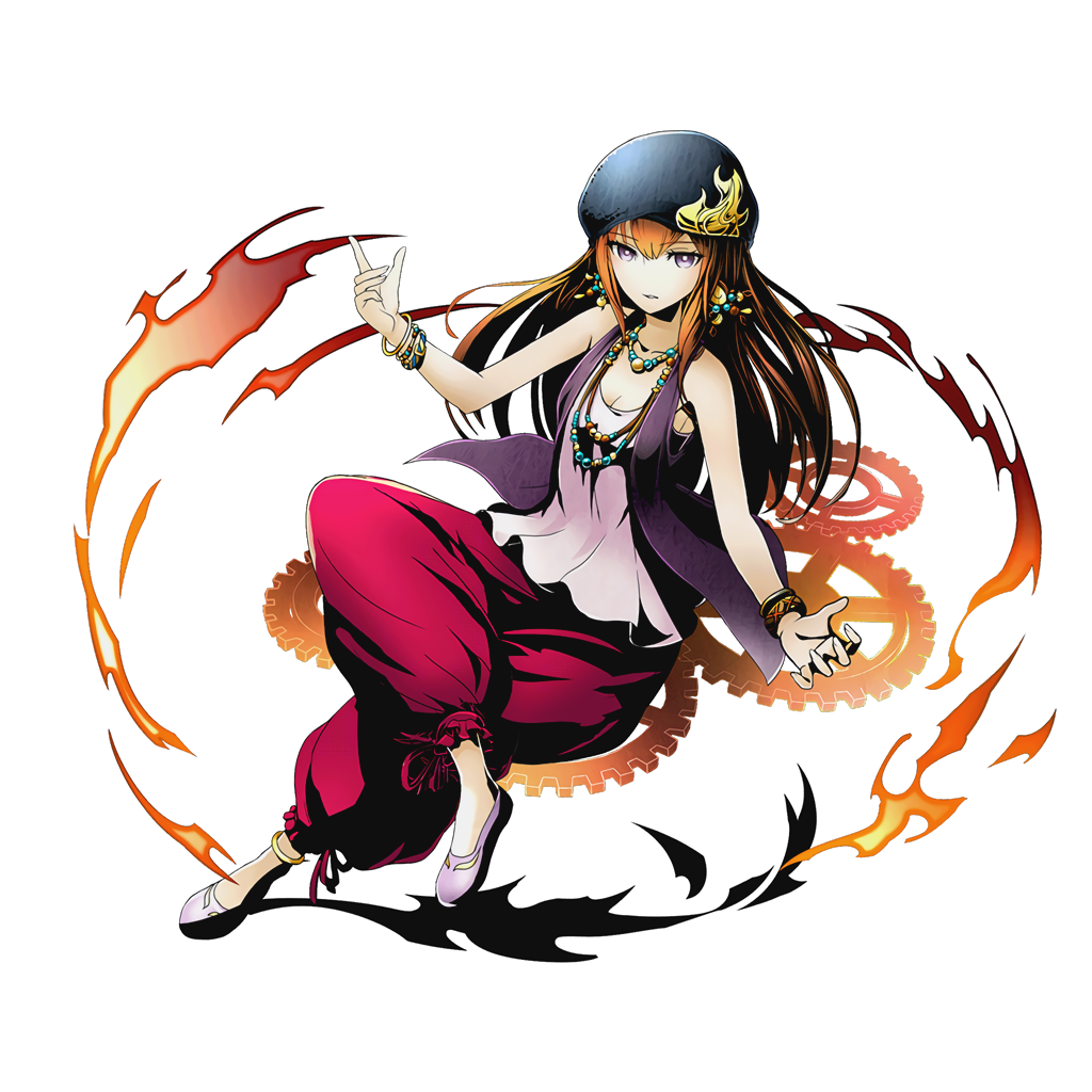 1girl alternate_costume anklet black_hat bracelet breasts brown_hair cleavage collarbone divine_gate earrings fire full_body hat jewelry legs_crossed long_hair looking_at_viewer makise_kurisu medium_breasts official_art pants red_pants shadow shirt sleeveless sleeveless_shirt solo steins;gate transparent_background ucmm violet_eyes white_shirt