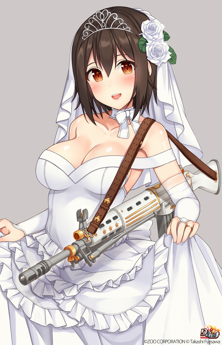 1girl arm_warmers assault_rifle breasts bridal_veil bride brown_eyes cleavage copyright_name dress flower gun hair_flower hair_ornament highres howa_type_89 jewelry open_mouth original rifle ring rose short_hair shuuichi skirt_hold sling smile solo tiara veil watermark weapon wedding_band wedding_dress white_dress white_rose