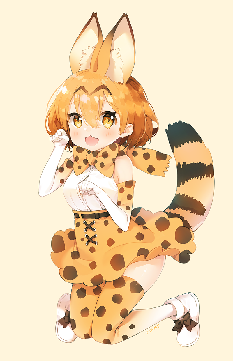 1girl :3 :d animal_ears animal_print artist_name ayami_(annahibi) bare_shoulders blonde_hair blush boots bow bowtie breasts cat_ears cat_tail commentary_request elbow_gloves gloves highres kemono_friends looking_at_viewer open_mouth paw_pose serval_(kemono_friends) serval_ears serval_tail short_hair simple_background skirt sleeveless smile solo tail thigh-highs yellow_eyes