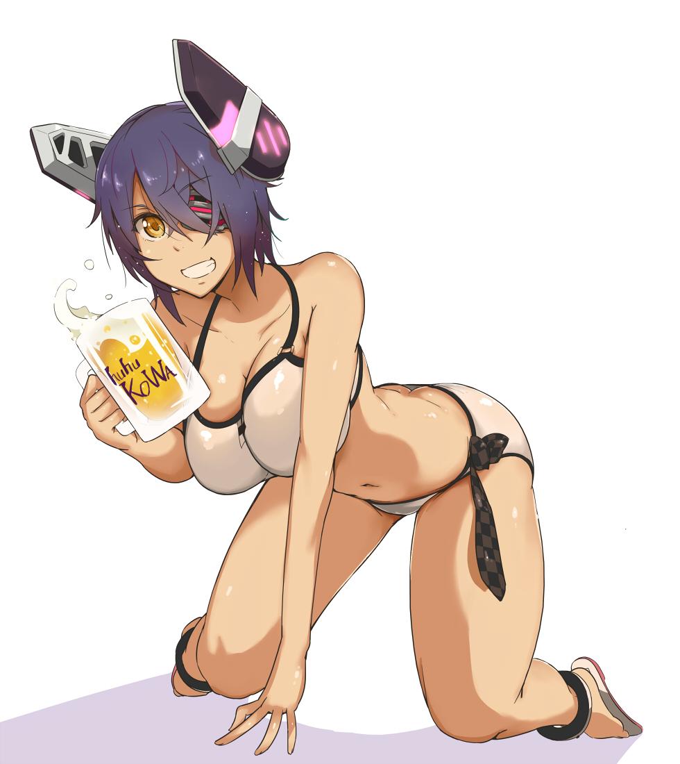 1girl alcohol arm_support ass beer beer_mug bikini breasts collarbone cup eyepatch grin halterneck headgear holding holding_cup kantai_collection kneeling large_breasts looking_at_viewer navel necktie panties purple_hair sandals shadow short_hair simple_background smile solo swimsuit tenryuu_(kantai_collection) tokiwa_mmm underwear white_background white_bikini white_panties yellow_eyes