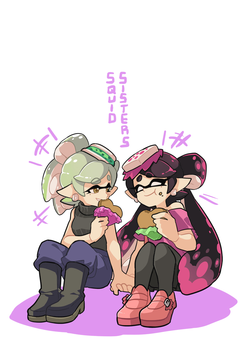 +_+ 2girls aori_(splatoon) black_boots black_hair black_legwear black_shirt boots brown_eyes brown_pants casual closed_eyes cousins earrings eating english food food_on_face food_on_head gloves grey_hair hand_holding hotaru_(splatoon) jewelry loafers looking_at_another miniskirt mole mole_under_eye multiple_girls object_on_head off_shoulder pants pantyhose pink_shoes pleated_skirt pointy_ears purple_shirt shirt shoes short_sleeves sitting skirt sleeveless sleeveless_shirt smile splatoon tentacle_hair turtleneck valentine white_gloves wong_ying_chee