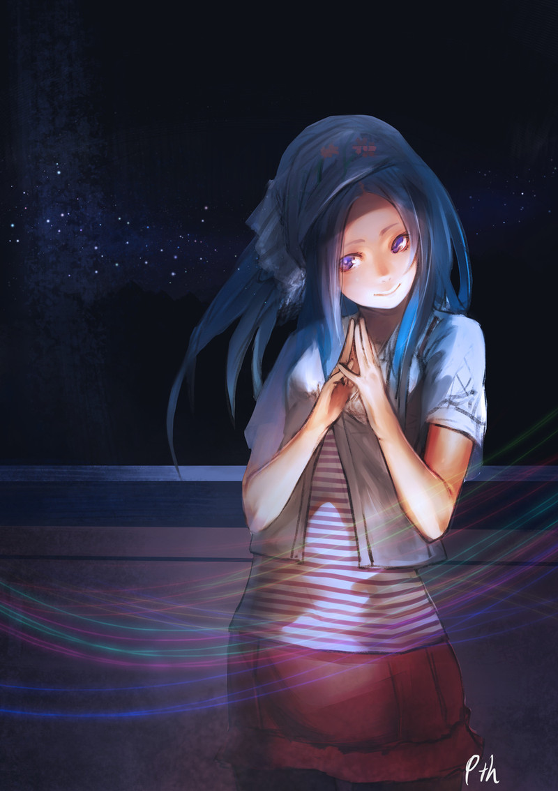 1girl bandanna bangs blue_hair breasts brown_legwear closed_mouth cropped_jacket fingers_together hands_up jacket long_hair masashi_(excellent) night night_sky open_clothes open_jacket original pantyhose parted_bangs red_skirt shirt short_sleeves signature skirt sky smile solo star_(sky) starry_sky striped striped_shirt vertical-striped_shirt vertical_stripes violet_eyes white_jacket