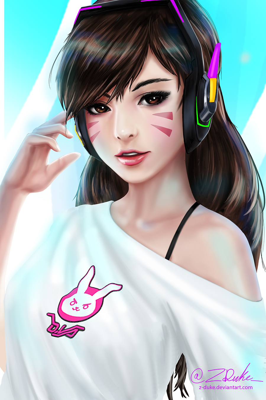 &gt;:3 1girl :3 animal_print bangs bare_shoulders brown_eyes brown_hair bunny_print casual character_name collarbone d.va_(overwatch) eyelashes facepaint facial_mark fingernails hand_on_headphones hand_to_head hand_up headphones highres lipstick long_hair looking_at_viewer makeup nose off-shoulder_shirt off_shoulder overwatch parted_lips pink_lips pink_lipstick revision round_teeth shirt short_sleeves signature smile solo spaghetti_strap swept_bangs teeth twitter_username upper_body watermark web_address whisker_markings white_shirt z-duke