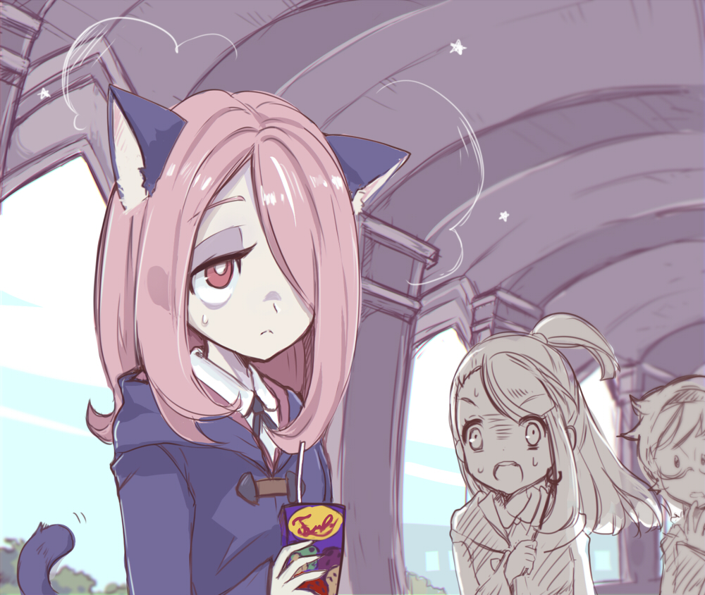 3girls akko_kagari animal_ears cat_ears cat_tail glasses hair_over_one_eye juice_box little_witch_academia long_hair lotte_yanson maodouzi multiple_girls open_mouth red_eyes short_hair sucy_manbavaran tail wand witch